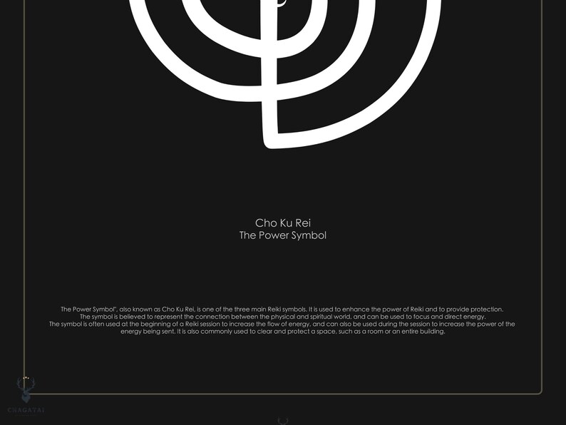 Detail of yoga poster depicting the Reiki power symbol Cho Ku Rei. The poster is designed for meditation and home decor. It is a perfect gift for those interested in Reiki and spirituality. The poster is printable and features other energy chakras.