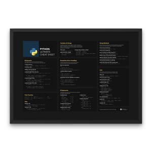 Puede incluir: Una hoja de trucos en blanco y negro con el título "Python Ultimate Cheat Sheet" en texto amarillo y azul. La hoja de trucos incluye ejemplos de código para varios conceptos de Python, incluidos diccionarios, cadenas, excepciones y manejo de archivos.