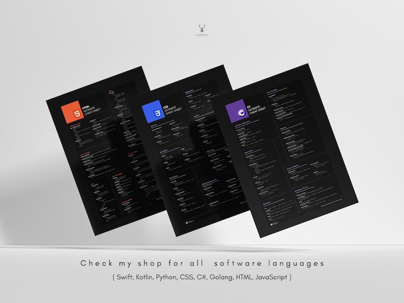 Pode incluir: Tr&ecirc;s folhas de dicas em preto e branco para diferentes linguagens de programa&ccedil;&atilde;o. As folhas de dicas s&atilde;o intituladas "HTML Ultimate Cheat Sheet", "CSS Ultimate Cheat Sheet" e "JS Ultimate Cheat Sheet".