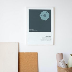 Dieter Rams. The poster is printed on high-quality paper, making it durable and long-lasting, and will add a touch of modern art to any space. Hang this designer studio wall art and enjoy the timeless design of Dieter Rams in your own home or office.