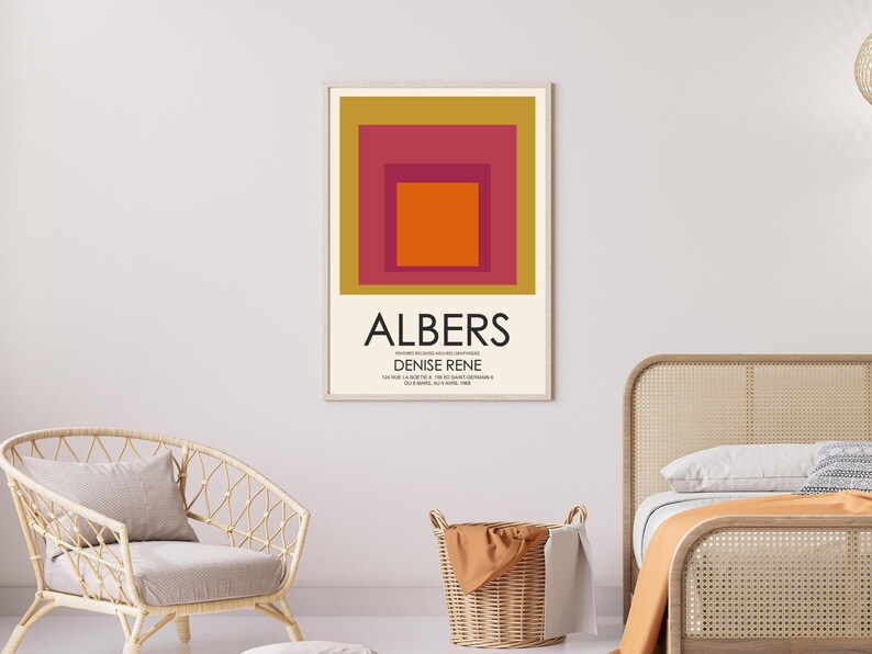 This Josef Albers Homage To The Square Print is a perfect Mother's Day gift or home decor item, featuring a vintage-inspired Exhibition Poster design and Nested Squares pattern. The bohemian style and geometric motif make it a great addition