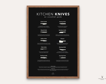 Kitchen Wall Art Knives Guide Poster Butcher Poster Print Kitchen Cheat Paper Cooking Knives Guide Chef Gift Chart Kitchen Chart Wall Art