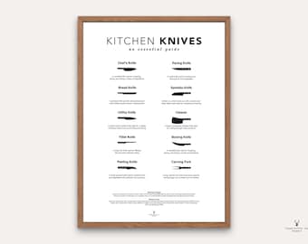 May include: A black and white infographic poster with the title "Kitchen Knives: An Essential Guide". The poster lists and illustrates 10 different types of knives with their names and descriptions.