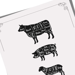 Butcher Guide Poster for Kitchen Wall Art Butcher Print Cut of Meat ...