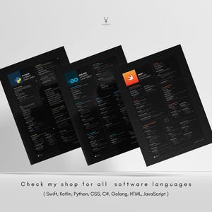 May include: Three black and white cheat sheets for programming languages. The cheat sheets are for Python, Golang, and Swift. The cheat sheets have the language name and the words "Ultimate Cheat Sheet" in white text on a black background. The Python cheat sheet has a yellow and blue logo, the Golang cheat sheet has a blue logo, and the Swift cheat sheet has a white logo on an orange background.