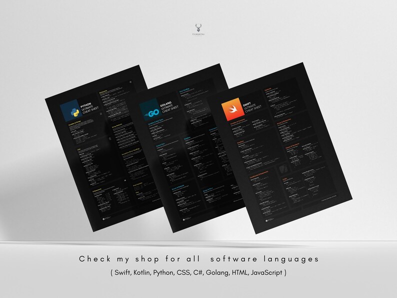 May include: Three black and white cheat sheets for programming languages. The cheat sheets are for Python, Golang, and Swift. The cheat sheets have the language name and the words "Ultimate Cheat Sheet" in white text on a black background. The Python cheat sheet has a yellow and blue logo, the Golang cheat sheet has a blue logo, and the Swift cheat sheet has a white logo on an orange background.