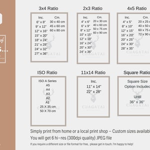 May include: A chart with different print size ratios for digital prints. The ratios include 3x4, 2x3, 4x5, 11x14, and square. The chart includes measurements in inches and centimeters. The text "Series of SHE IS..." is at the top of the chart.