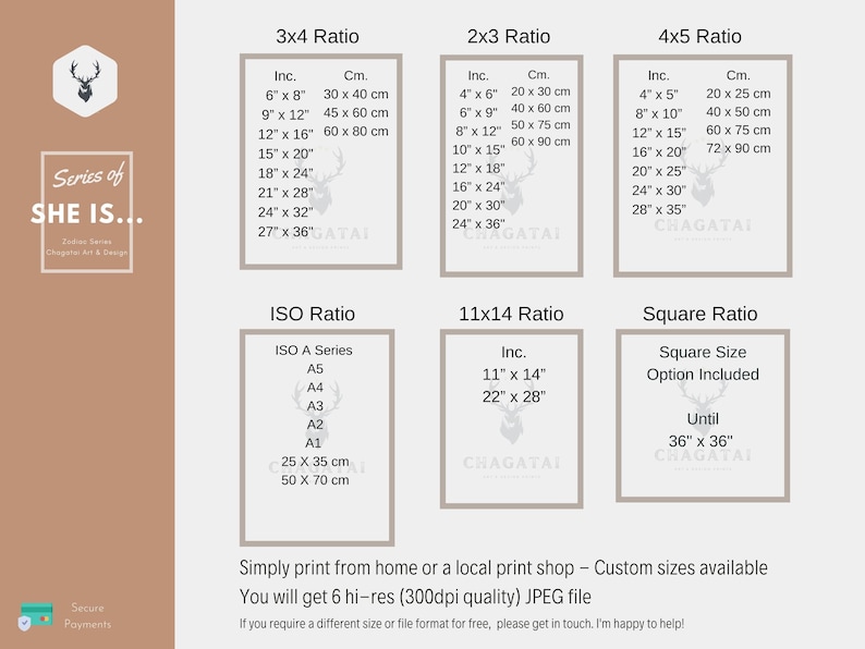 May include: A chart with different print size ratios for digital prints. The ratios include 3x4, 2x3, 4x5, 11x14, and square. The chart includes measurements in inches and centimeters. The text "Series of SHE IS..." is at the top of the chart.