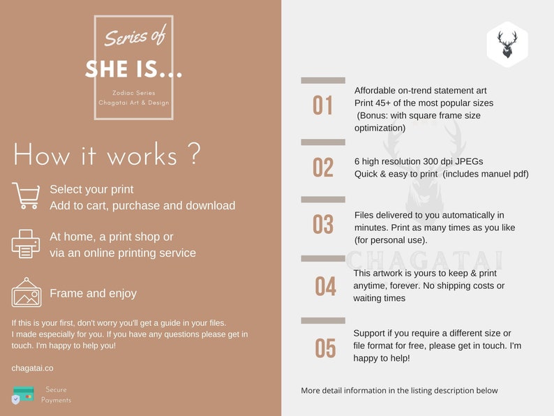 May include: A digital download of printable art featuring the text "Series of SHE IS... Zodiac Series Chagatai Art & Design". The image also includes a list of five steps on how to purchase and print the artwork. The steps are numbered 1 through 5 and include the following text: "Affordable on-trend statement art Print 45+ of the most popular sizes (Bonus: with square frame size optimization)", "6 high resolution 300 dpi JPEGS Quick & easy to print (includes manuel pdf)", "Files delivered to you automatically in minutes. Print as many times as you like (for personal use).", "This artwork is yours to keep & print anytime, forever. No shipping costs or waiting times", "Support if you require a different size or file format for free, please get in touch. I'm happy to help!"