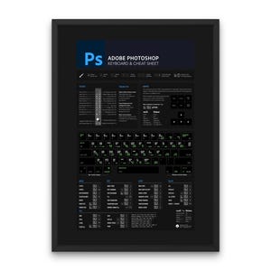 Peut inclure: Une affiche encadrée noire avec un fond blanc et le texte "Adobe Photoshop Keyboard & Cheat Sheet" en bleu et blanc. L'affiche présente une disposition de clavier avec des raccourcis pour Adobe Photoshop.