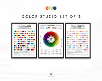 Color Theory Poster Bundle -  Color Wheel Poster Set of 3 Color Palettes CMYK RGB Guide UX Designer Gift  Color Harmonies Color Meanings