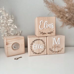 Personalisierte Spardose aus Holz, Spardose mit Namen für Kinder, Geschenk zum Geburtstag, zur Geburt, Einschulung, Taufe