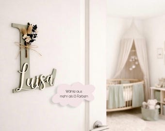 Personalisiertes Türschild mit Namen | Holz Namensschild Baby | Kinderzimmer Deko | Boho Türschild mit Trockenblumen | Geschenk zur Geburt