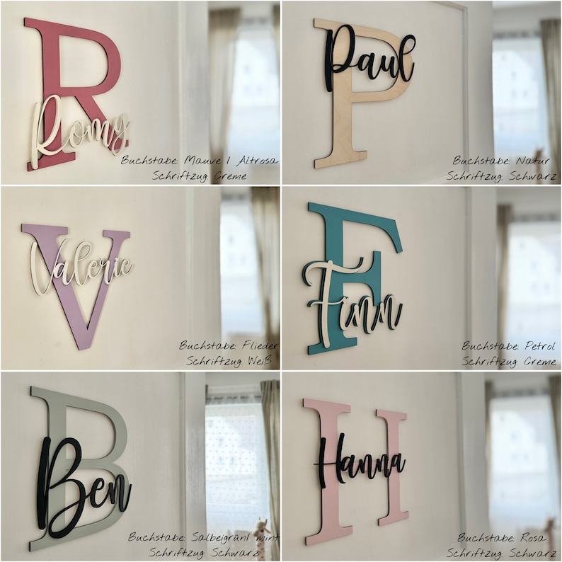 May include: A collection of wooden letter signs in various colors, including mauve, natural, teal, and pink. Each sign features a large letter with a smaller name overlay. The signs are mounted on a white wall, showcasing a personalized decor theme.