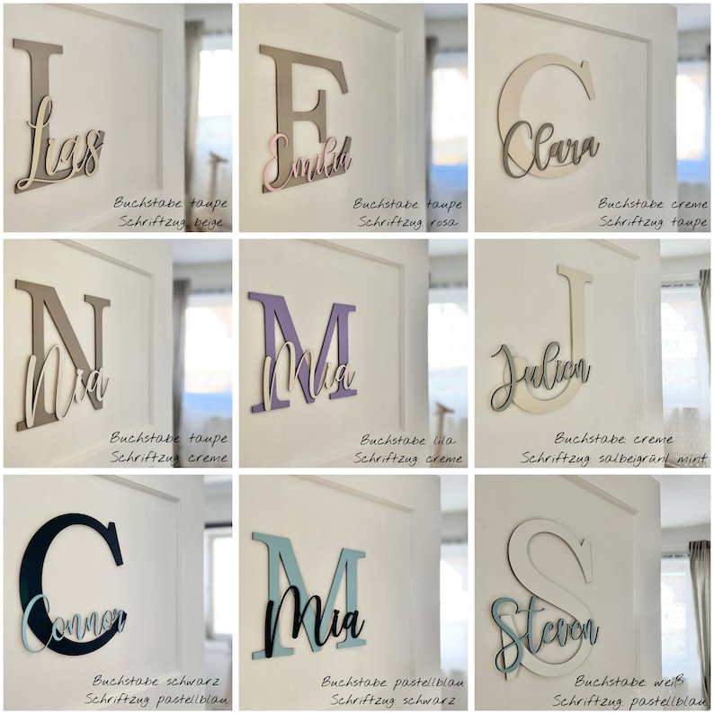 May include: A collection of wooden letter cutouts in various colors, each with a name in a contrasting script font. The letters are mounted on a white wall. The letters are in taupe, lilac, black, and white.