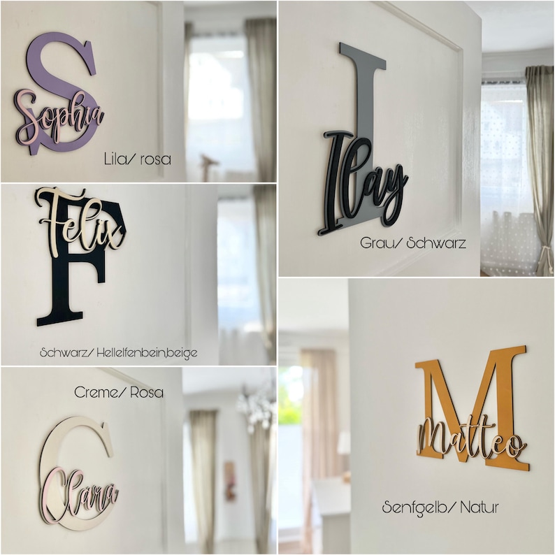 May include: Wooden name signs in various colors and fonts, including purple "Sophia", gray "Ilay", black "Felix", cream "Clara", and mustard yellow "Matteo". Each sign features a letter and a name.