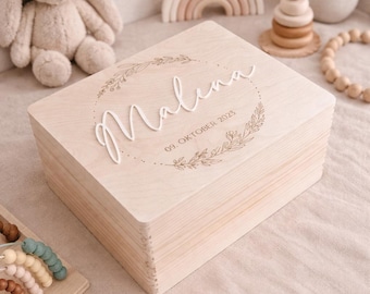 Personalized XXL wooden keepsake box with name – Baby box & keepsake box for birth or christening, large baby gift box