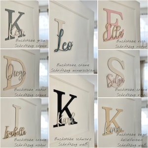 May include: Wooden letter cutouts in various colors, including gray, pink, and black, each with a name in a contrasting color. The letters are mounted on a white door, showcasing a personalized decor theme.