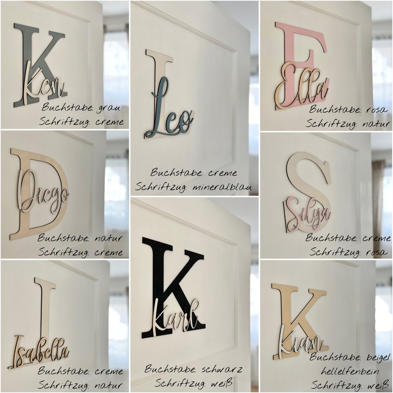 May include: Wooden letter cutouts in various colors, including gray, pink, and black, each with a name in a contrasting color. The letters are mounted on a white door, showcasing a personalized decor theme.