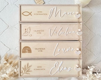 Personalized candle box for christening candles, baptism, communion, confirmation; box with name for candle