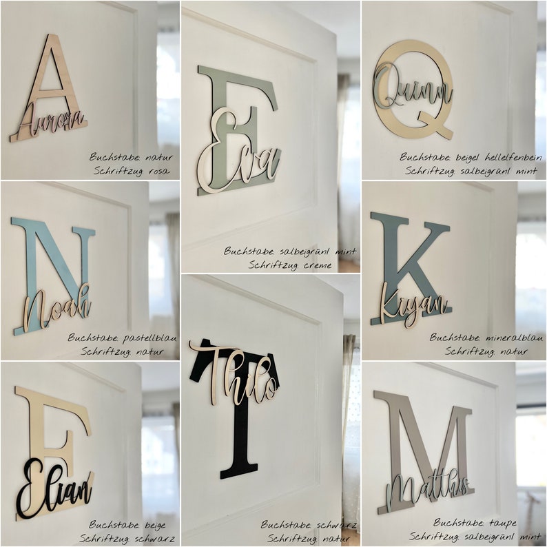 May include: Wooden letter cutouts in various colors and fonts, spelling out names like Aurora, Elian, and Noah. Each letter is mounted on a white door, showcasing a personalized decor theme. The image includes text in German.