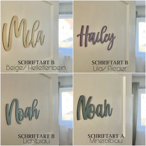 May include: Four wooden name signs with different colors and fonts. The names are "Mela", "Hauley", "Noah", and "Noah". The signs are on a white wall. The text below each sign indicates the font style and color.
