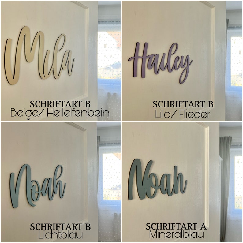 May include: Four wooden name signs with different colors and fonts. The names are "Mela", "Hauley", "Noah", and "Noah". The signs are on a white wall. The text below each sign indicates the font style and color.
