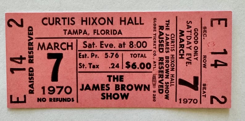 James Brown Concert Ticket 1970 Curtis Hixon Hall Tampa Pink image 1