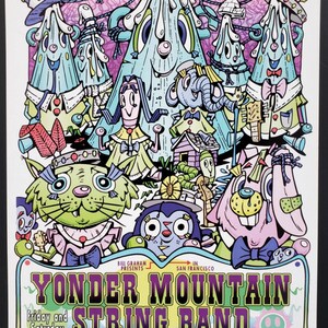 May include: A colourful concert poster for Yonder Mountain String Band at The Fillmore on November 9 and 10, 2001. The artwork features whimsical cartoon characters, including anthropomorphic mountains, a green cat, and an elephant, in a vibrant style.