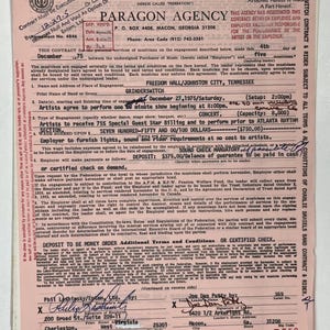 May include: A vintage contract from Paragon Agency for a Grinderswitch concert at Freedom Hall in Johnson City, Tennessee, dated December 27, 1975. The document includes details about payment, capacity, and artist billing.