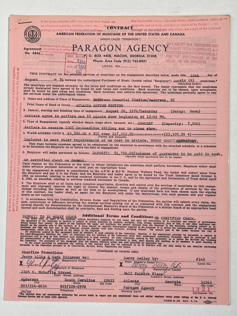 Contrato de concierto de la sección rítmica de Atlanta 1976 Anderson SC Objetos de colección de música de cultura pop vintage, recuerdos musicales: artículos de colección. imagen 1