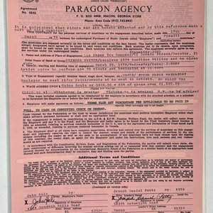 May include: A pink contract form for musicians with the title "Paragon Agency" and the text "American Federation of Musicians of the United States and Canada" printed at the top. The form includes details about the engagement, including the date, location, type of engagement, and payment terms.