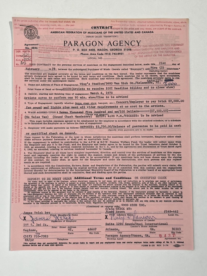 Brick Concert Contract 1978 Kalamazoo MI-Vintage Pop Culture Music Collectibles, Music Memorabilia- Collectible Music Items. image 1