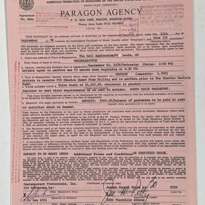May include: A Paragon Agency contract for a September 22, 1976 concert at the Keil Auditorium in St. Louis, MO, featuring the band Grinderswitch. The contract specifies a 45-minute show, with a capacity of 5,700 and a wage agreement.