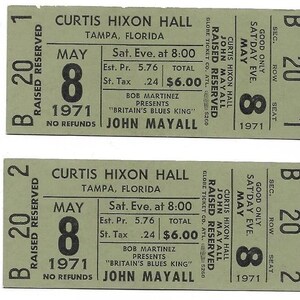 John Mayall Concert Ticket Set of 2 1971 Tampa Army Green