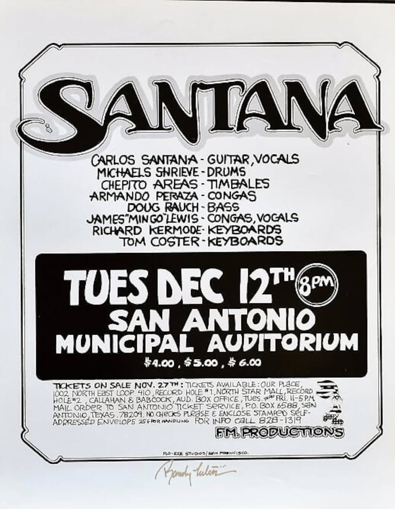 Santana Concert Poster San Antonio 1972 Randy Tuten Signed Vintage poster print - aesthetic music art for home and office wall decor. image 1