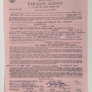 May include: A vintage contract from the American Federation of Musicians, Paragon Agency, dated February 1975, for a Grinderswitch concert. The pink document includes details like the venue, date, and payment terms.