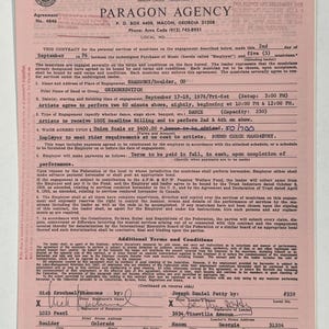 May include: A vintage contract from Paragon Agency, dated September 1976, for a musical performance. The document includes details about the band, Grinderswitch, and the engagement at Shanions in Boulder, CO. The contract is on aged paper with text and signatures.