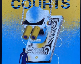 May include: A gig poster for Parquet Courts at The Fillmore, San Francisco. The design uses blue and yellow hues, with the band's name in large blue letters. An abstract illustration of a machine-like figure is in the center. The date is September 27, 2018.