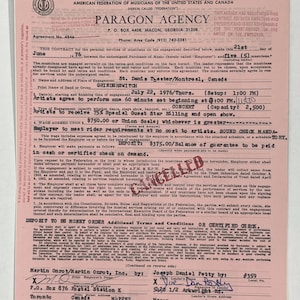 May include: A vintage contract from Paragon Agency, dated June 21, 1976, for a musical performance. The document is pink and features text, signatures, and a union seal. The contract details the engagement of five musicians at St. Denis Theater in Montreal.