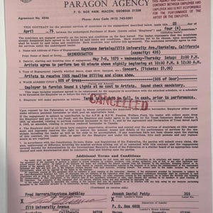 May include: A vintage contract from 1975 between Paragon Agency and Grinderswitch for a concert at Keystone Berkeley. The document is pink with black text, detailing performance terms, including payment and sound check. The contract is signed by Fred Herrera and Joseph Daniel Petty.
