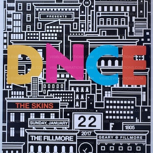 Puede incluir: Una ilustración en blanco y negro de un horizonte urbano con las palabras "Bill Graham Presents" y "The Skins" en rojo. El texto "Dance" está en amarillo, rosa, azul y rojo. La fecha "Sunday, January 22, 2017" y la ubicación "The Fillmore, Geary @ Fillmore, 1805" también están incluidas.