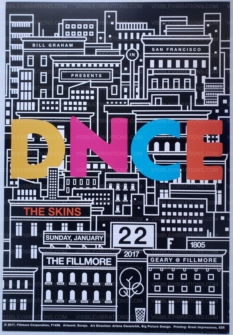 May include: A black and white illustration of a city skyline with the words "Bill Graham Presents" and "The Skins" in red. The text "Dance" is in yellow, pink, blue, and red. The date "Sunday, January 22, 2017" and the location "The Fillmore, Geary @ Fillmore, 1805" are also included.