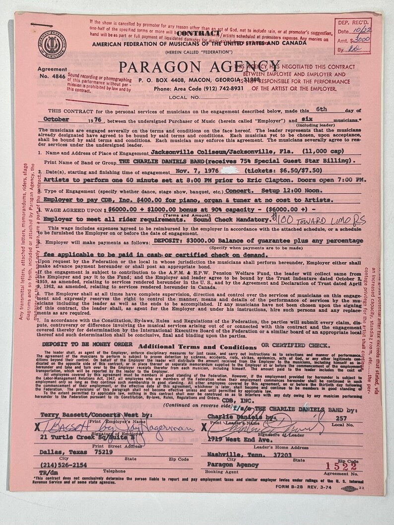 The Charlie Daniels Band Concert Contract 1976 Jacksonville FL- Vintage Pop Culture Music Collectibles, Music Memorabilia- Collectible Items image 1