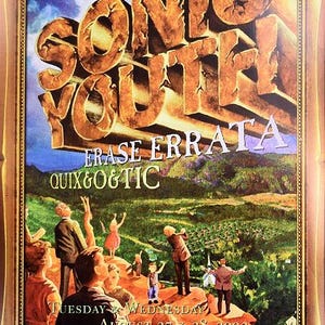 May include: A concert poster for Sonic Youth, Erase Errata, and Quix*o*tic at The Fillmore in San Francisco on August 27 and 28, 2002. The artwork features large, stone-textured letters against a landscape of people standing on a cliffside.