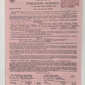 May include: Pink contract form from Paragon Agency, dated January 1975, for a Grinderswitch concert. Includes details like wage, deposit, and signatures of Kirk Richardson and Joseph Daniel Petty. The form is from the American Federation of Musicians.