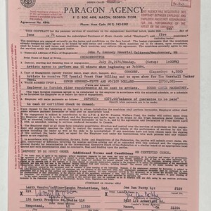 May include: A vintage Paragon Agency contract from 1976, featuring details of a concert engagement. The document includes handwritten notes, signatures, and the band's name, Grinderswitch. The contract is on pink paper.