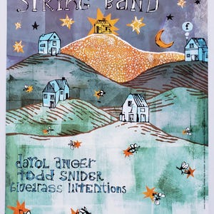 May include: A concert poster for Yonder Mountain String Band at The Fillmore on November 8 and 9, 2002. The illustration features blue houses on rolling hills, a crescent moon, stars, and insects against a purple and teal background.