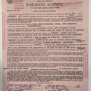 May include: A vintage contract from the American Federation of Musicians, dated November 6, 1975, for a concert engagement. The document includes details about the band, Grinderswitch, and the venue, Dean Scott's in Houston, Texas.