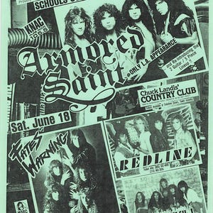 May include: A light green concert flyer for a Schools Out Party featuring the band Armored Saint, with additional performances by Fates Warning, Redline, and Erotikill. The flyer includes event details, venue information, and band photographs.